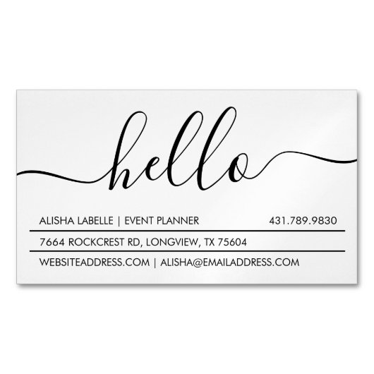 Hallo Script | Modern & stijlvol Minimaal Wit Magnetisch Visitekaartje (Voorkant)