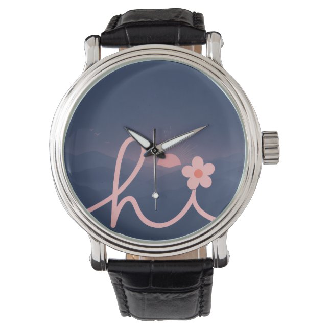 "hallo" Script Mountain Sunset Design Horloge (Voorkant)