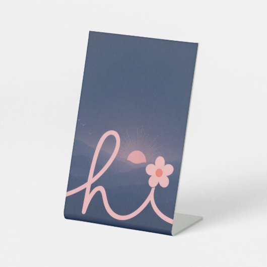 "hallo" Script Mountain Sunset Design Reclamebord Met Voetstuk (Voorkant)
