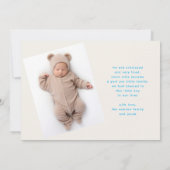 Hallo Script Naam Blue Boy Minimalist Foto Baby Aankondiging (Achterkant)