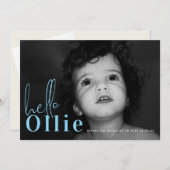 Hallo Script Naam Blue Boy Minimalist Foto Baby Aankondiging (Voorkant / Achterkant)