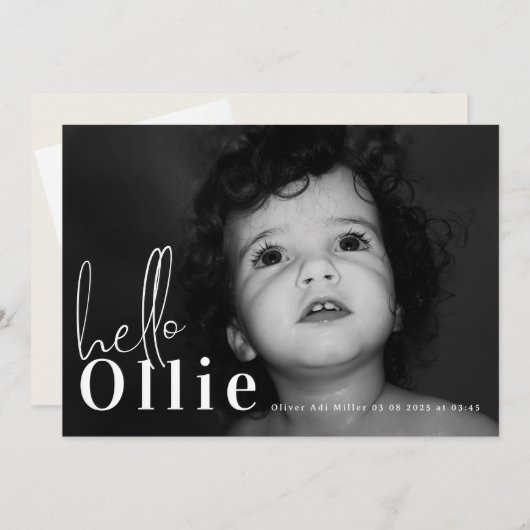Hallo Script Naam Neutral Minimalist Photo Baby Aankondiging (Voorkant / Achterkant)