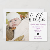 hallo Script Photo Paars - Aankondiging geboorte (Voorkant)