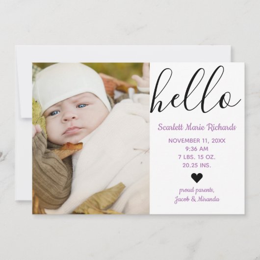 hallo Script Photo Paars - Aankondiging geboorte (Voorkant)