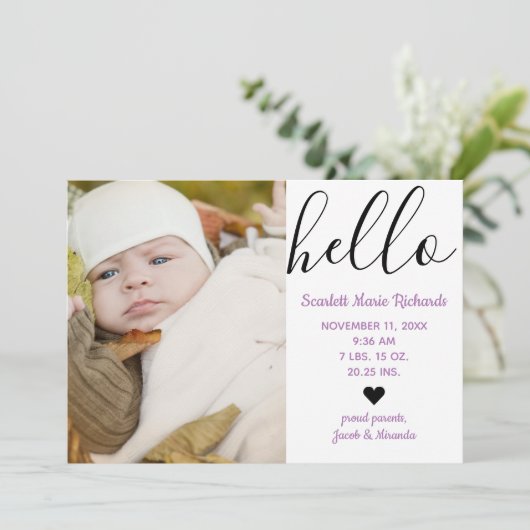 hallo Script Photo Paars - Aankondiging geboorte (Staand voorkant)