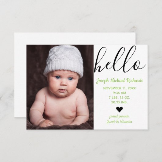 Hallo Scriptfoto groen - 3x5 geboorteaankondiging Aankondiging (Voorkant / Achterkant)