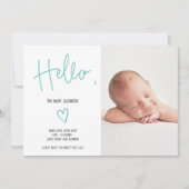 hallo scripthart blauwgroen foto baby geboorte aankondiging (Voorkant)