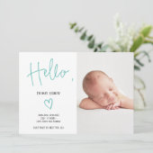 hallo scripthart blauwgroen foto baby geboorte aankondiging (Staand voorkant)