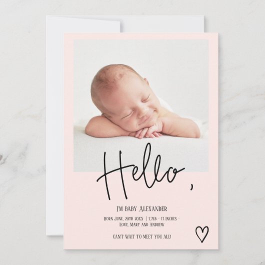 hallo scripthartfoto bloedig schattige baby geboor aankondiging (Voorkant)