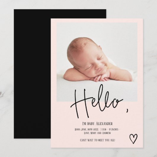 hallo scripthartfoto bloedig schattige baby geboor aankondiging (Voorkant / Achterkant)