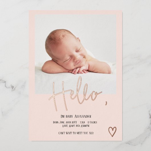 hallo scripthartfoto bloedig schattige baby geboor folie uitnodiging (Voorkant)