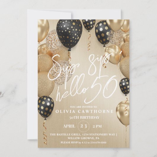 Hallo Sip, sip? 50ste Zwarte Gouden Ballonnen Verj Kaart (Voorkant)