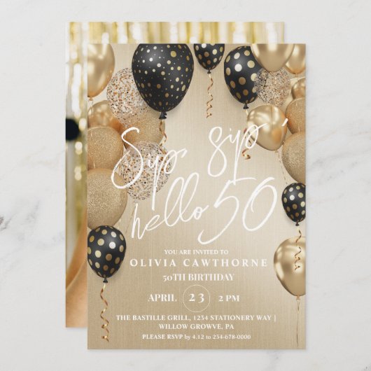 Hallo Sip, sip? 50ste Zwarte Gouden Ballonnen Verj Kaart (Voorkant / Achterkant)