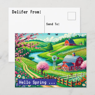 Hallo Spring - 16-bits Pixel Art Countryside Postc Feestdagenkaart