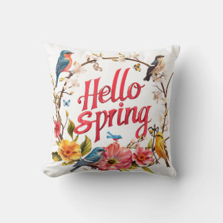 Hallo ·Spring Graphic met bloemen- en vogelmotieve Kussen