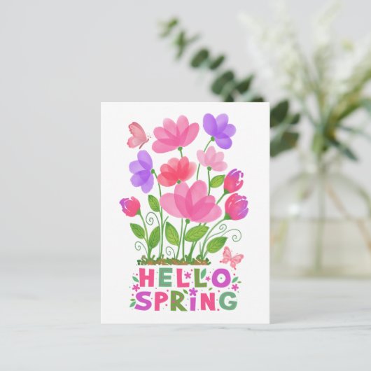 hallo Spring roze en Purple Flowers & Butterflies Briefkaart (Staand voorkant)