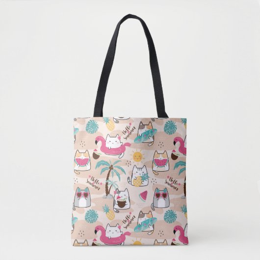 hallo Summer Beach Cat Surfer Kawaii Kat Tote Bag (Voorkant)