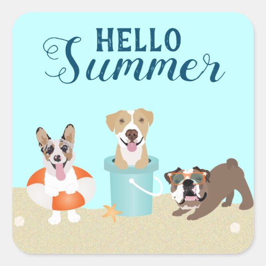 hallo Summer Beach Dogs Blue Oranje Vierkante Sticker (Voorkant)