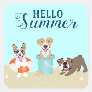 hallo Summer Beach Dogs Blue Oranje Vierkante Sticker