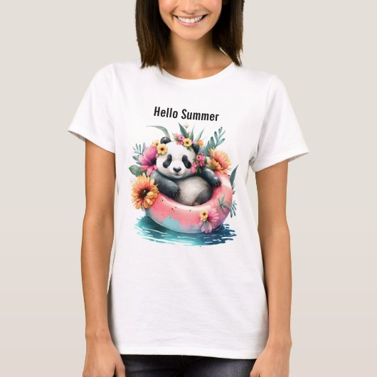 hallo Summer Cute Panda die in een binnenbuis hang T-shirt (Voorkant)
