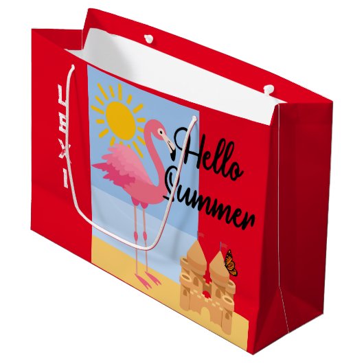 hallo Summer Pink Flamingo Design - Gift Bag - Lar Groot Cadeauzakje (Voorkant Gekanteld)