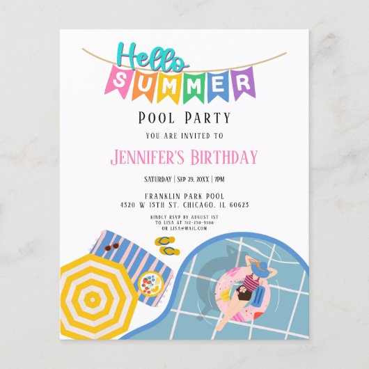 hallo Summer Pool Party Bday Budget Uitnodiging (Voorkant)