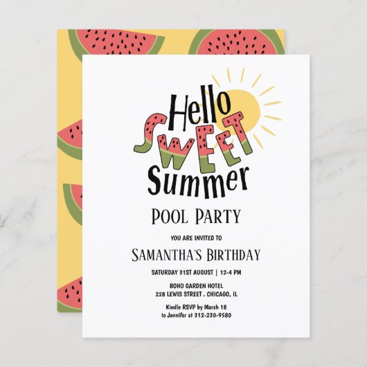 hallo Summer Pool Party Bday Budget Uitnodiging (Voorkant / Achterkant)