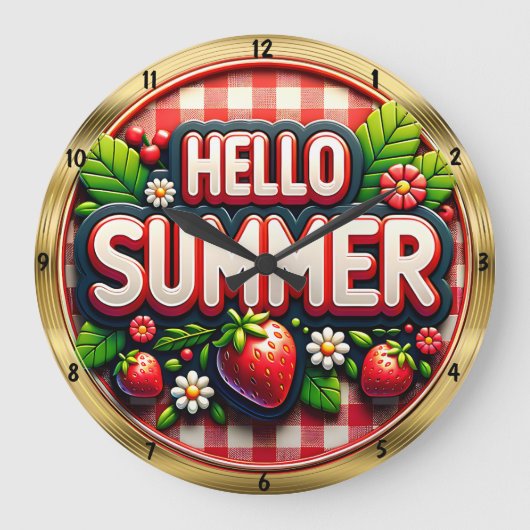 Hallo Summer Strawberry Gingham Grote Klok (Voorkant)