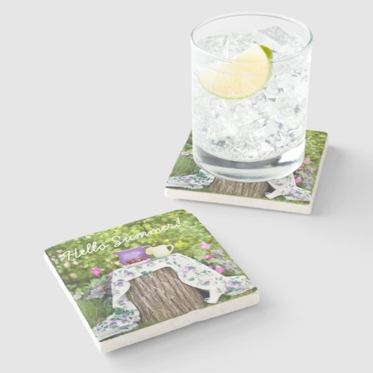 hallo Summer Tea en Plums in de tuin Stenen Onderzetter (Zijkant)