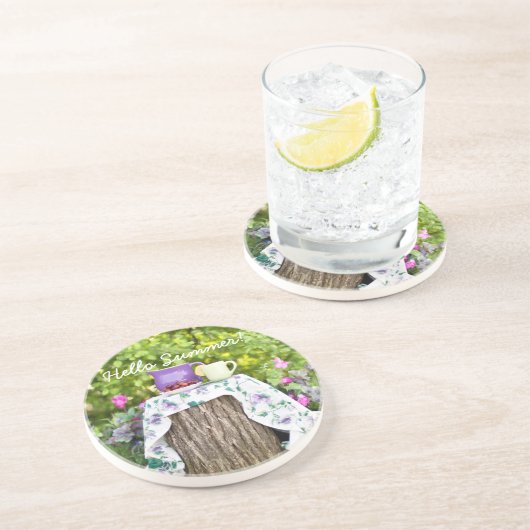 hallo Summer Tea en Plums in de tuin Zandsteen Onderzetter (Zijkant)