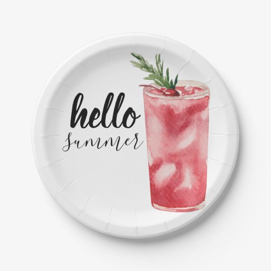 hallo Summer Waterverf Red Cherry Cocktail Papieren Bordje (Voorkant)