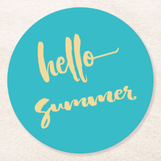 hallo Summer Yellow Blue Modern Script Ronde Kartonnen Onderzetter