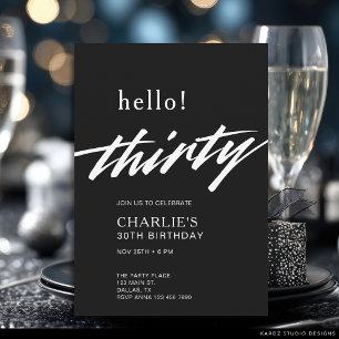 Hallo Thirty Black Modern Script 30ste verjaardag Kaart