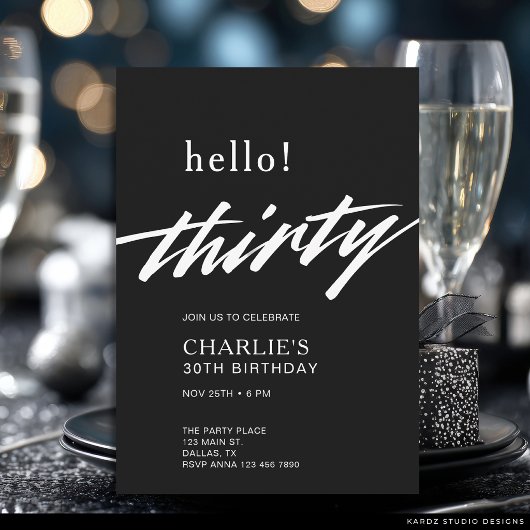 Hallo Thirty Black Modern Script 30ste verjaardag Kaart