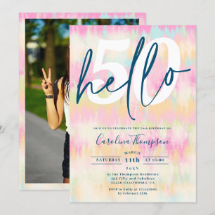 Hallo Tie dye unicorn regenboog pastel font foto Kaart