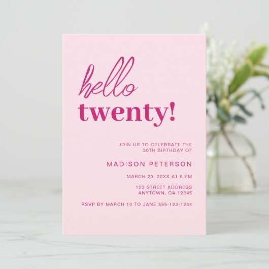 Hallo Twenty Modern Blush Roze Verjaardagsfeest Kaart (Staand voorkant)