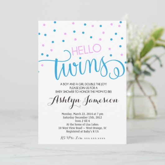 hallo Twins boy, Baby shower Uitnodiging (Staand voorkant)