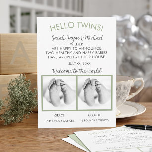 hallo Twins Photo Birth Announcement Kaart