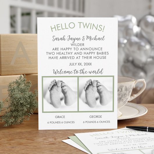 hallo Twins Photo Birth Announcement Kaart