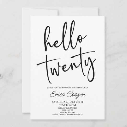 Hallo Twintig minimale elegante 20ste verjaardagsf Kaart (Voorkant)
