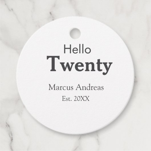 Hallo twintig verjaardag naam toevoegen est. Minim Bedankjes Labels (Voorkant)