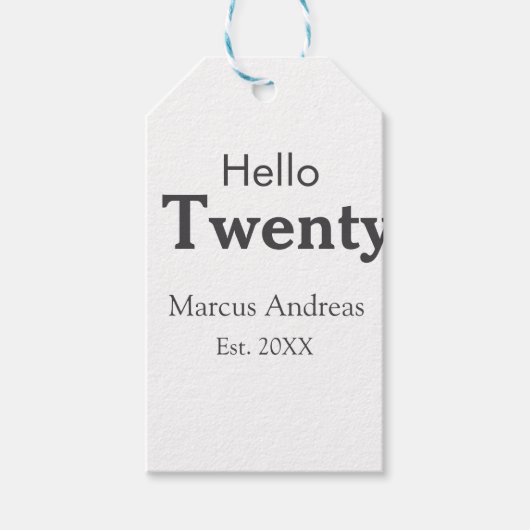 Hallo twintig verjaardag naam toevoegen est. Minim Cadeaulabel (Voorkant)