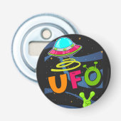 hallo ufo in de ruimte zeg button flesopener (Voorkant)