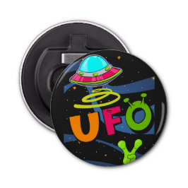 hallo ufo in de ruimte zeg button flesopener