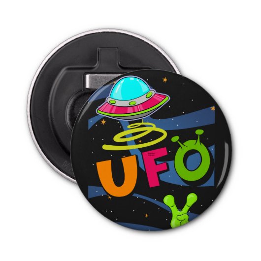 hallo ufo in de ruimte zeg button flesopener (Voorkant)