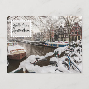 hallo van de wintersneeuw van Amsterdam in de stad Briefkaart