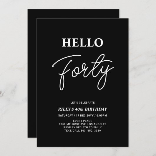 Hallo Veertig | Moderne Zwarte 40ste Verjaardagsfe Kaart (Voorkant / Achterkant)