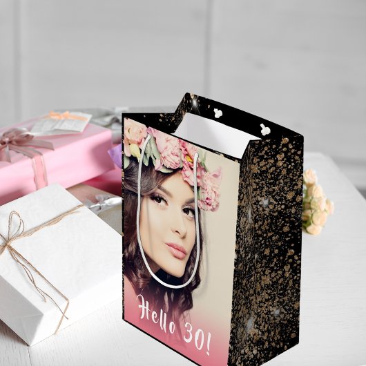 Hallo Verjaardag zwart goud glitter foto Medium Cadeauzakje