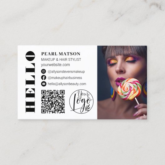 Hallo Vetgedrukte witte Qr foto logo social media Visitekaartje (Voorkant)