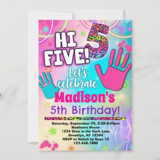 Hallo Vijf! 5e verjaardag uitnodiging voor meisjes (Voorkant)
